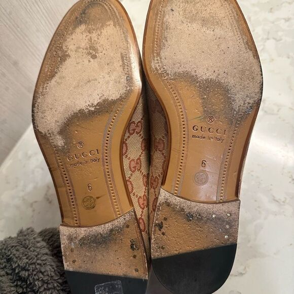Gucci Jordaan Horsebit Flat Loafer Size 6 GG Monogram Canvas Beige Rust - Picture 3 of 6